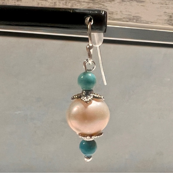 AAA Oval Pearl and Chinese Turquoise Earrings w/ Sterling Silver Posts. - Picture 2 of 3